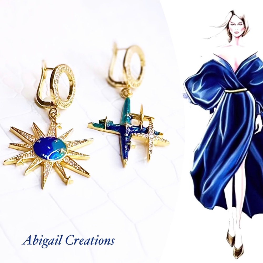 ABIGAIL CREATIONS Galaxy Statement Earrings • Sun Moon Star Drop Enamel Earrings